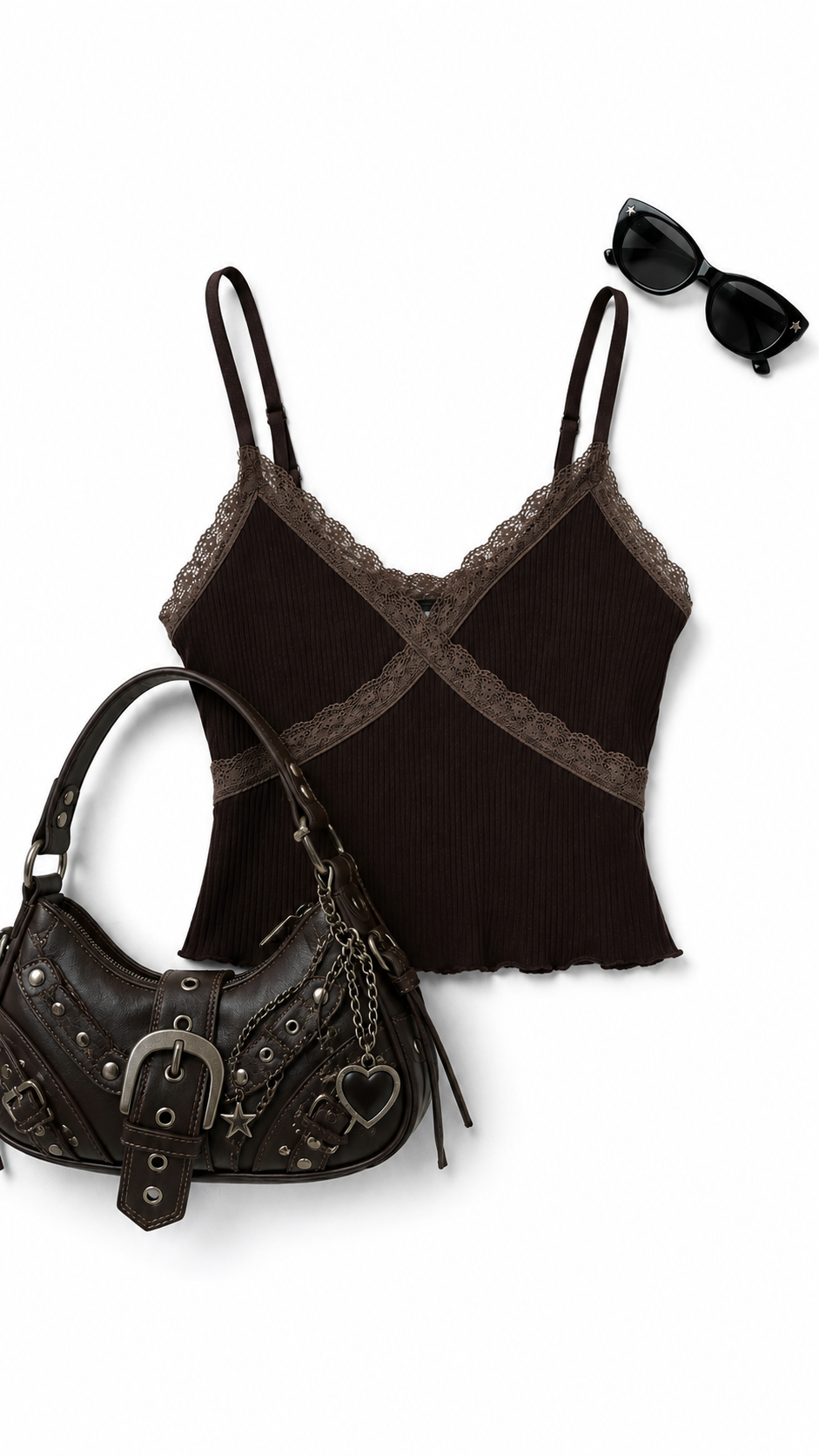 Y2K Kahve Fitilli Dantelli Crop Bluz