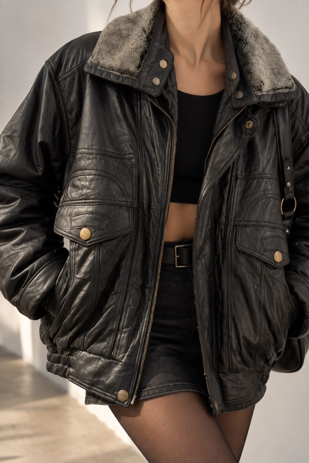Yaka Kürklü Aviator Bomber Deri Ceket