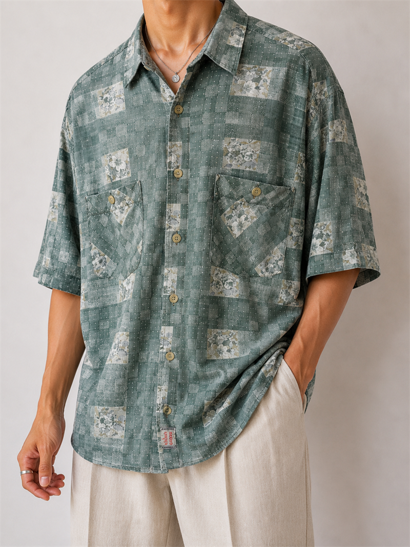1980s Buket Motifli Oversize Gömlek
