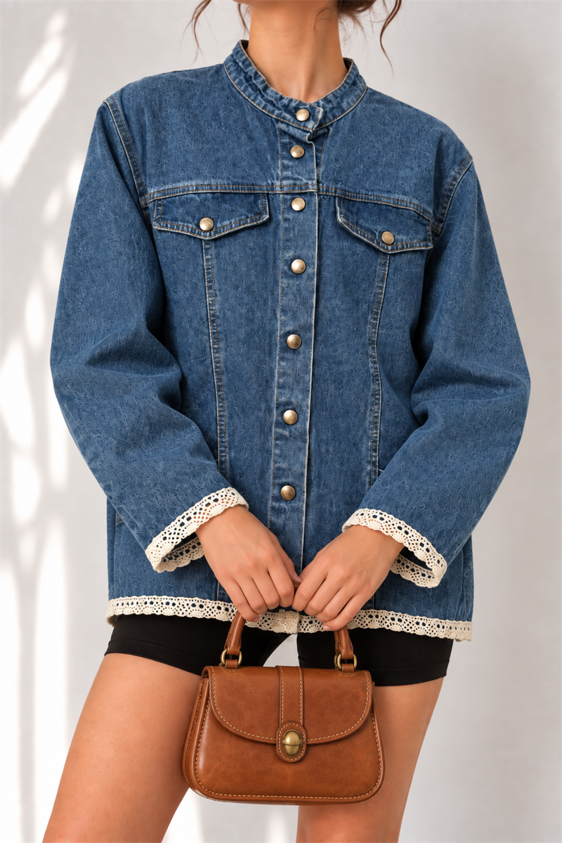 1980s Dantel Biyeli Blue Denim Ceket