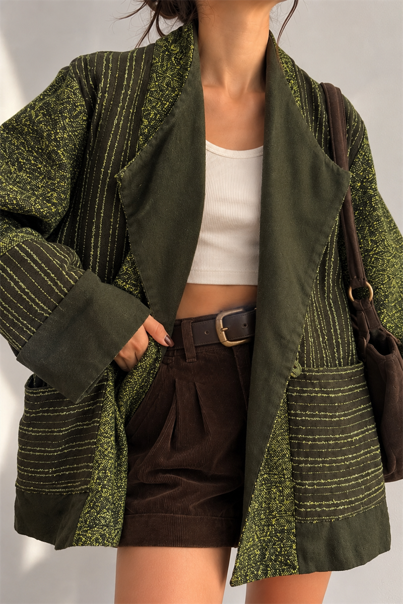 1990s Boho Olive Green Tweed Yün Ceket