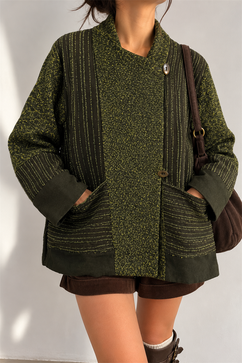1990s Boho Olive Green Tweed Yün Ceket