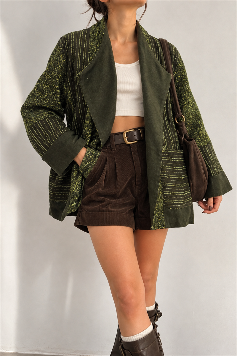 1990s Boho Olive Green Tweed Yün Ceket