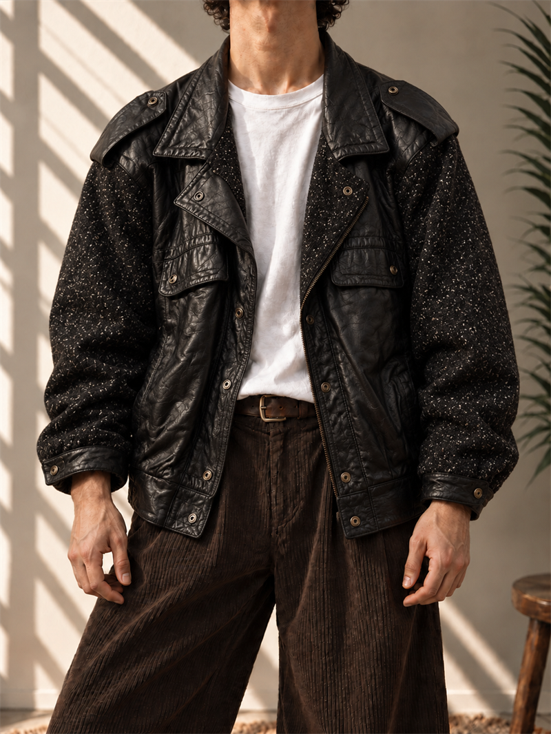 1990s David Benjamin Kırçıllı Kollu Bomber Deri Ceket