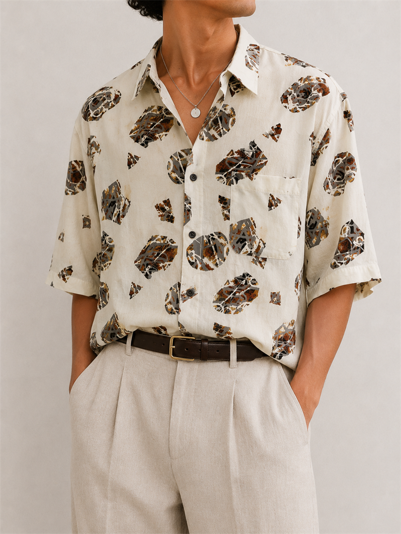 1990s Krem Geometrik Desen Gömlek