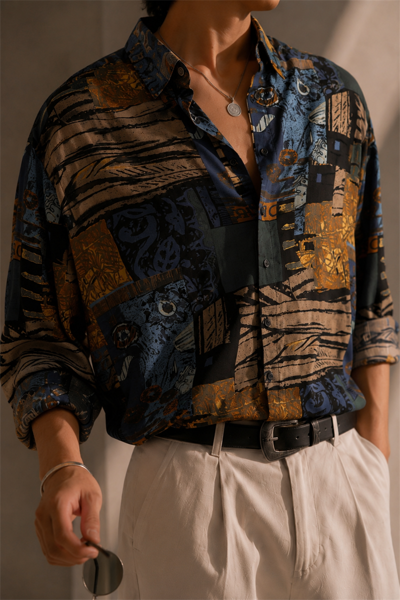 1990s Renk Palet Desenli Oversize Gömlek