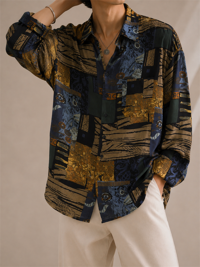 1990s Renk Palet Desenli Oversize Gömlek