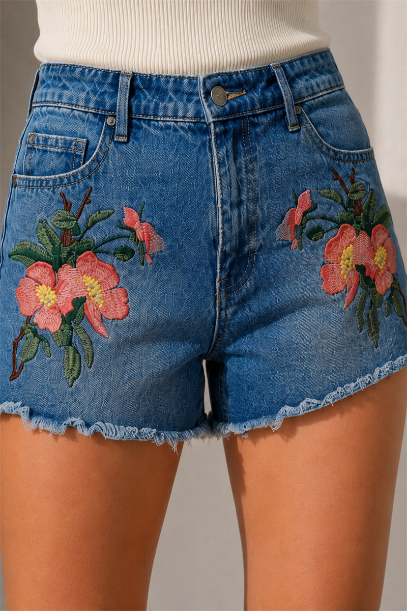 2000s Çiçek Nakışlı Denim Şort