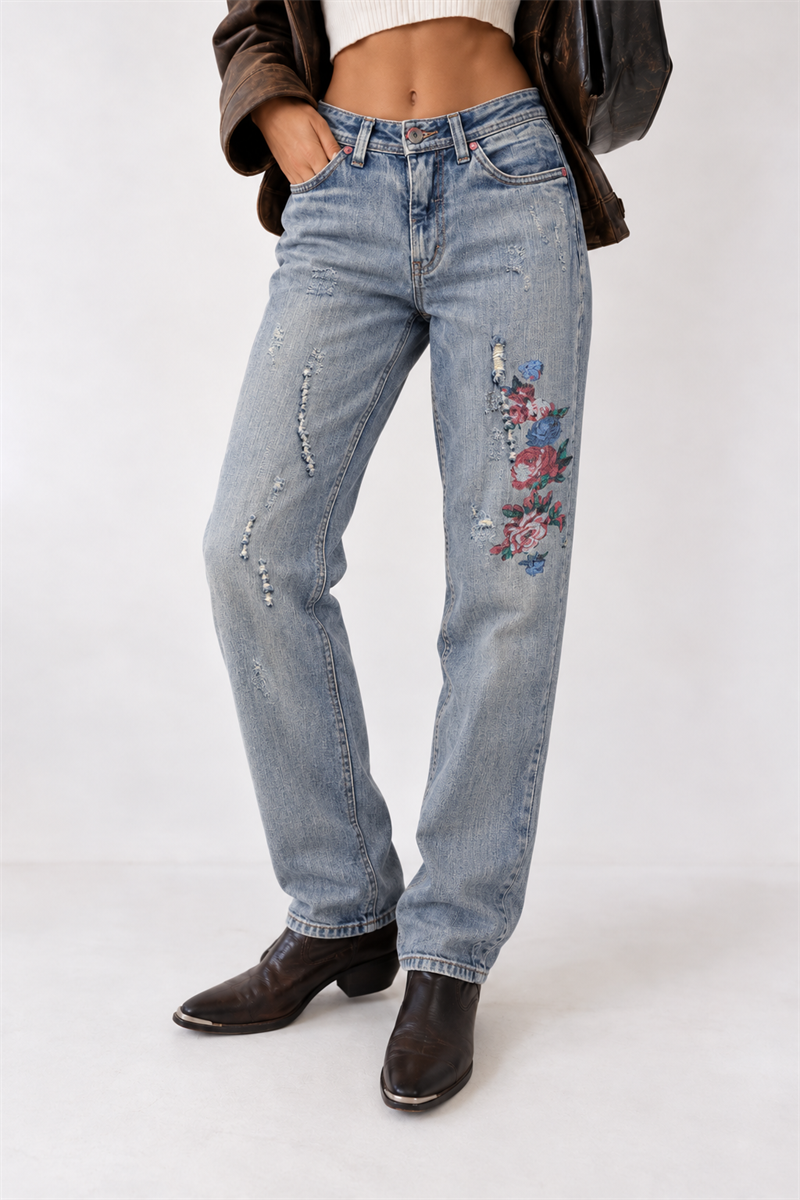 2000s Nakışlı Eskitme Jean Pantolon