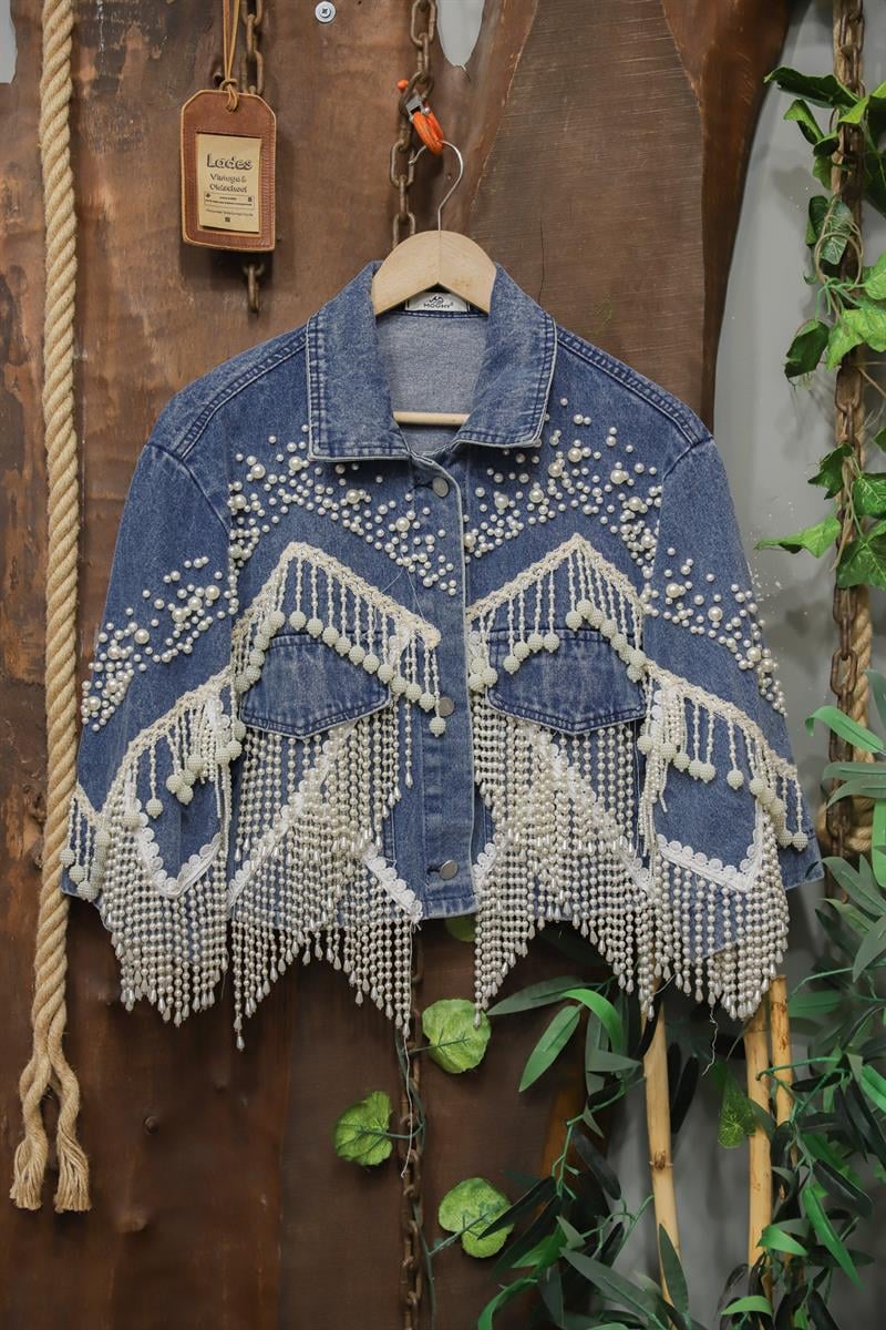 2000s Pearl Fringe Crop Denim Ceket