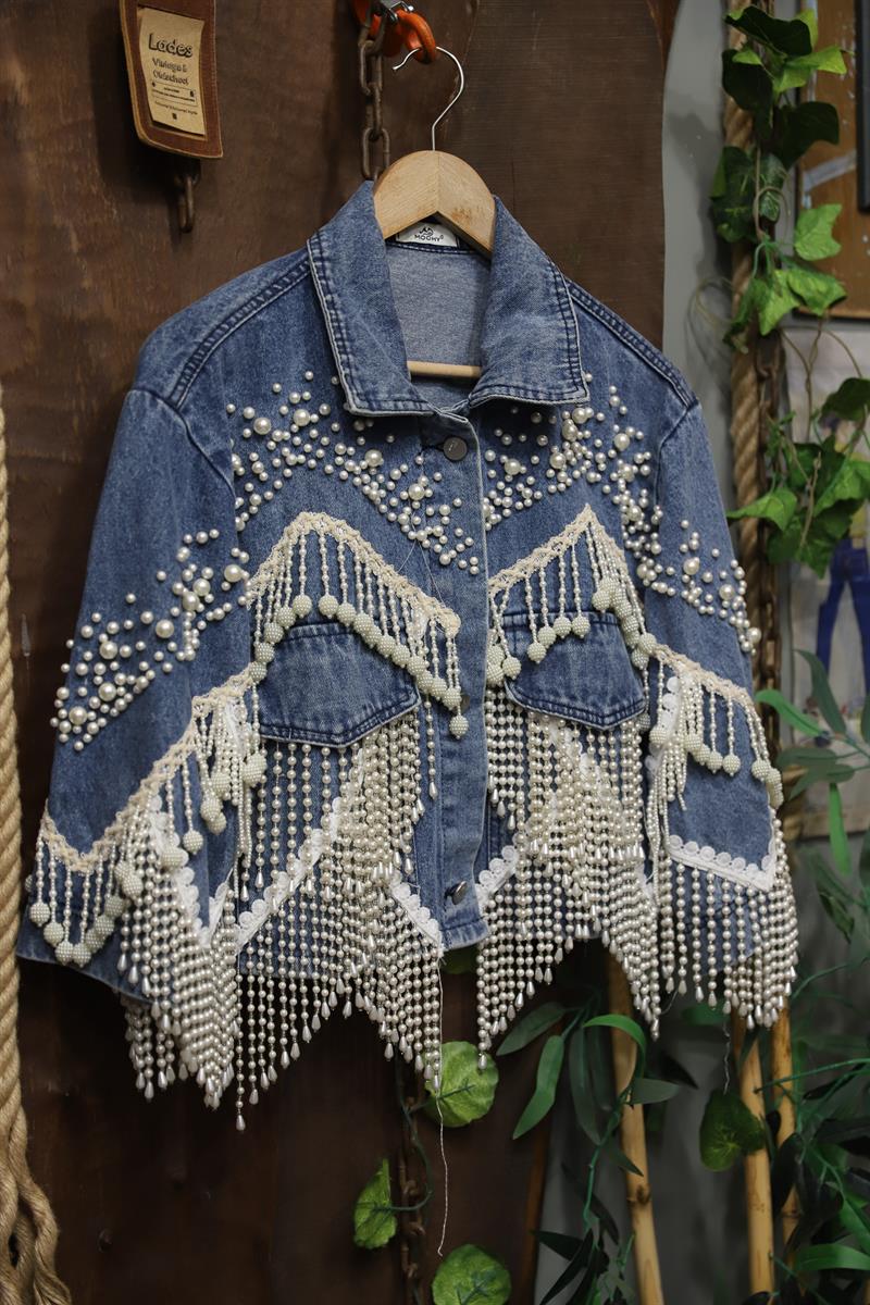 2000s Pearl Fringe Crop Denim Ceket