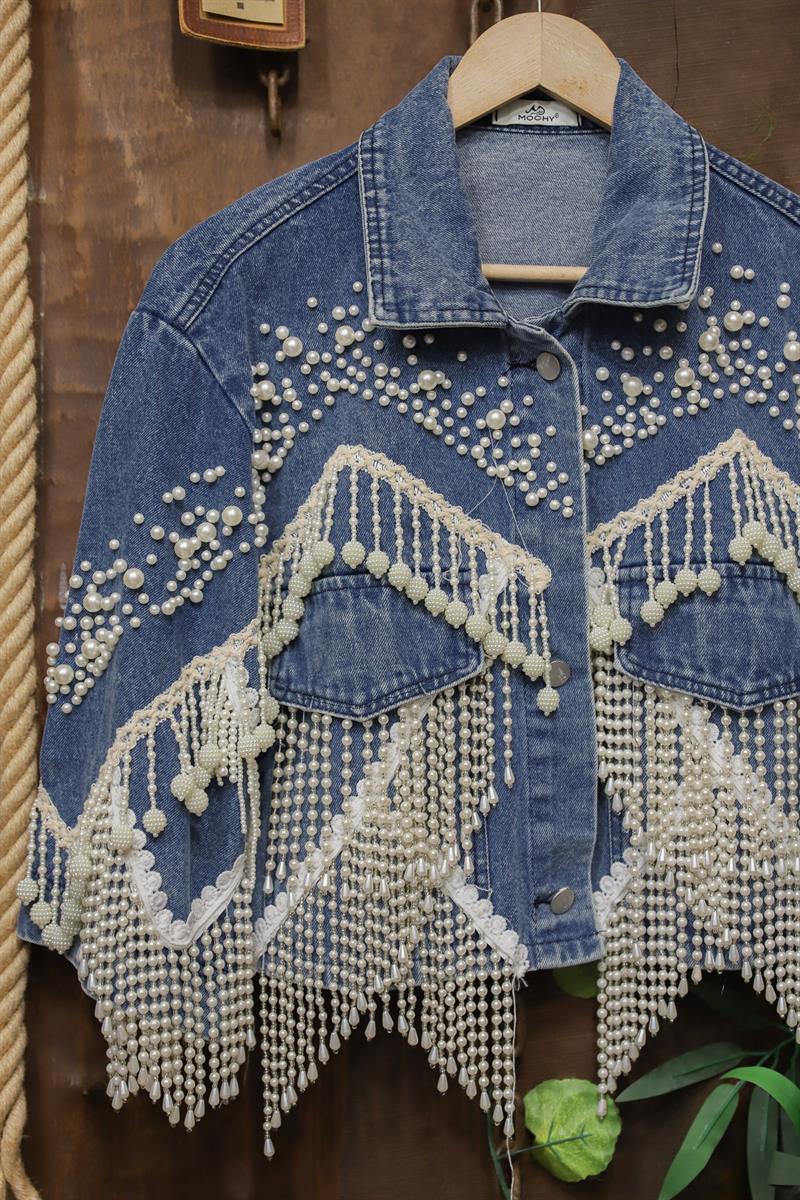 2000s Pearl Fringe Crop Denim Ceket