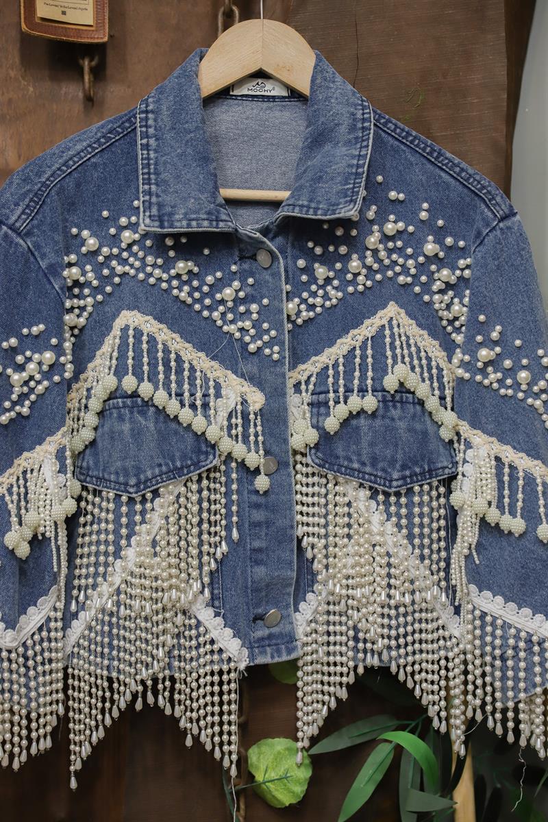 2000s Pearl Fringe Crop Denim Ceket