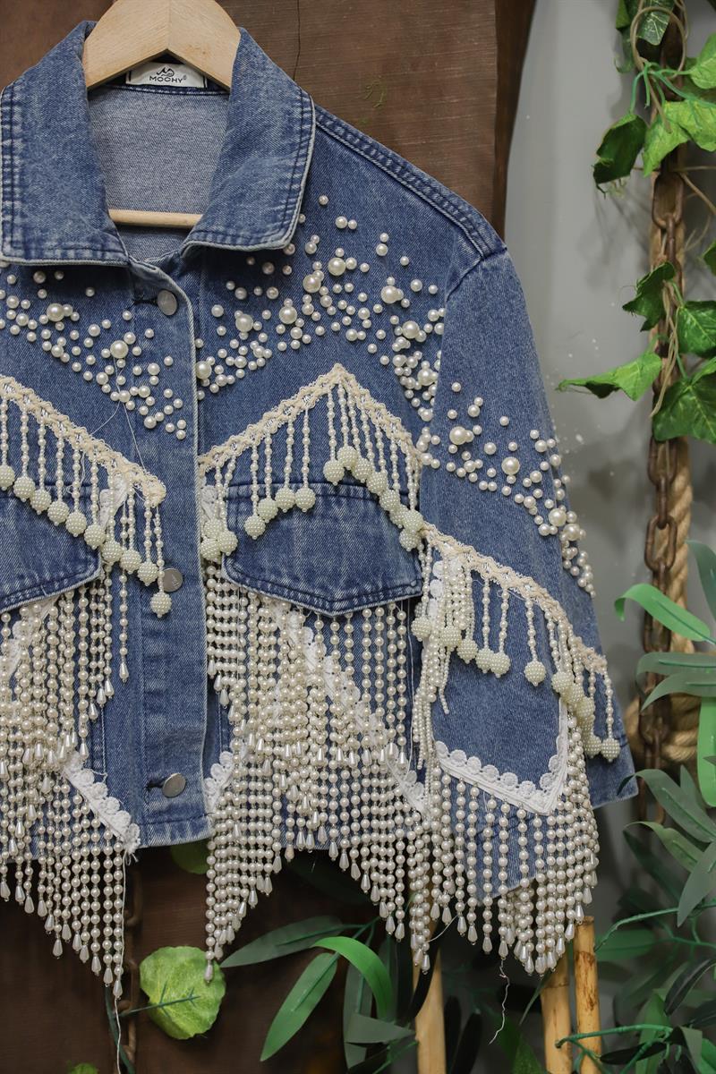 2000s Pearl Fringe Crop Denim Ceket