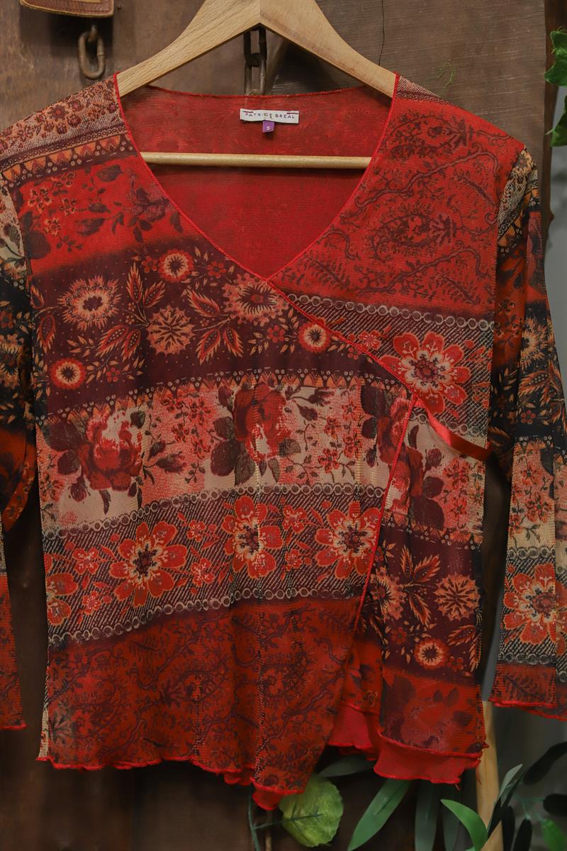 2000s Red Paisley Boho Bluz