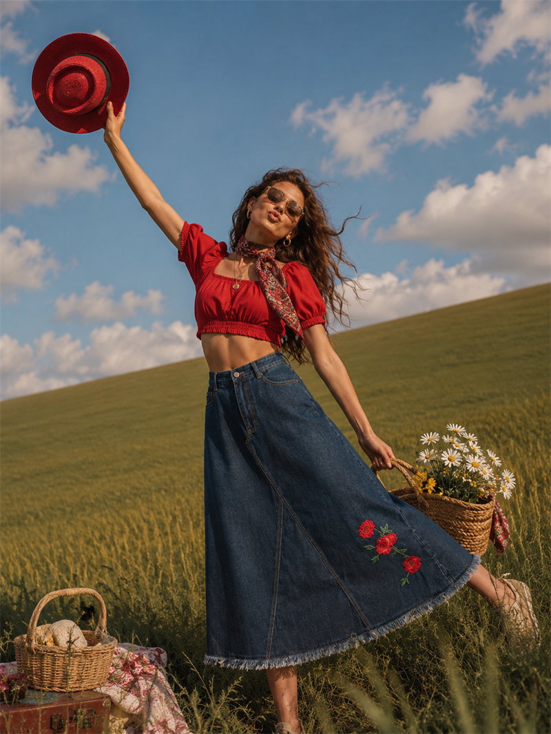 2000s Rose Nakışlı Denim Uzun Etek