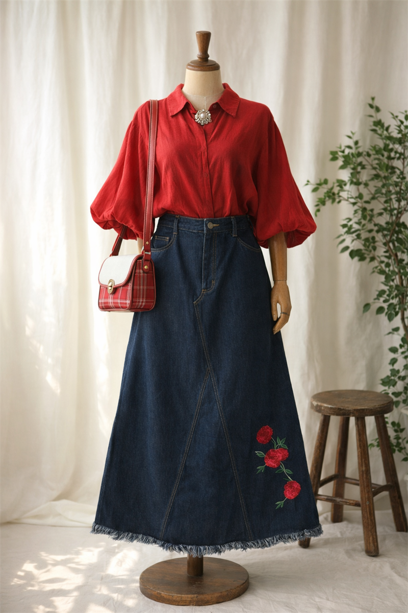 2000s Rose Nakışlı Denim Uzun Etek