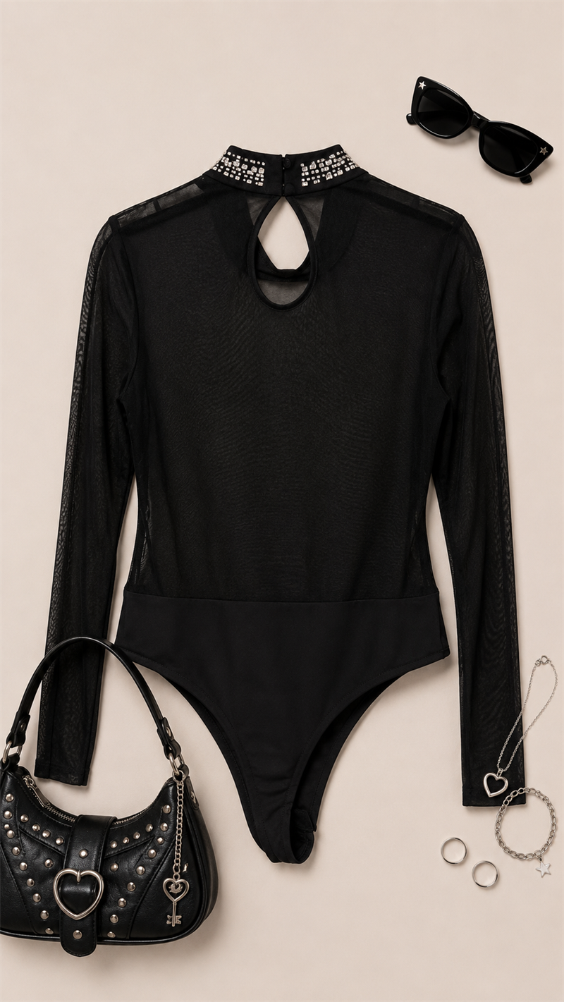 2000s Tül Kollu Taşlı Bodysuit