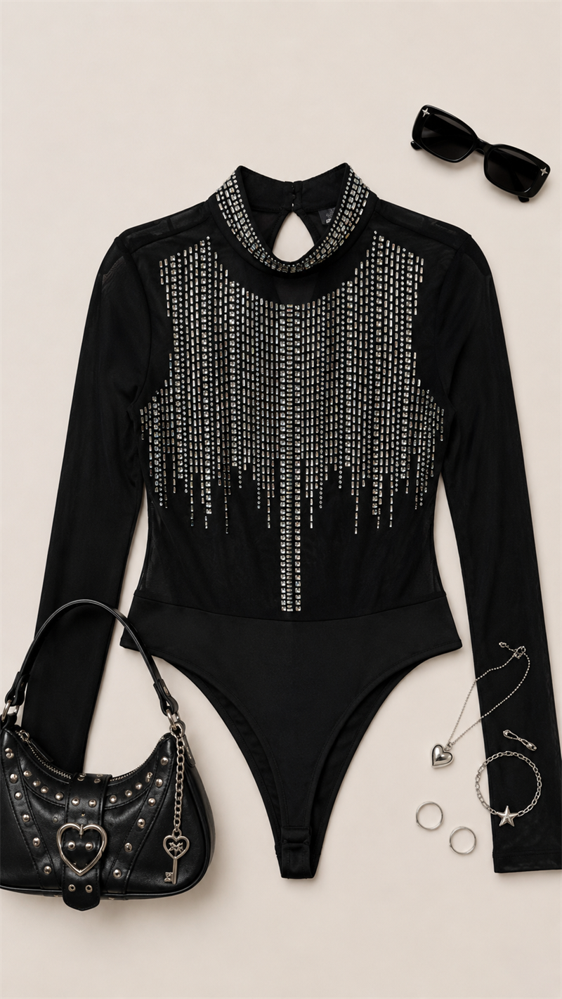 2000s Tül Kollu Taşlı Bodysuit