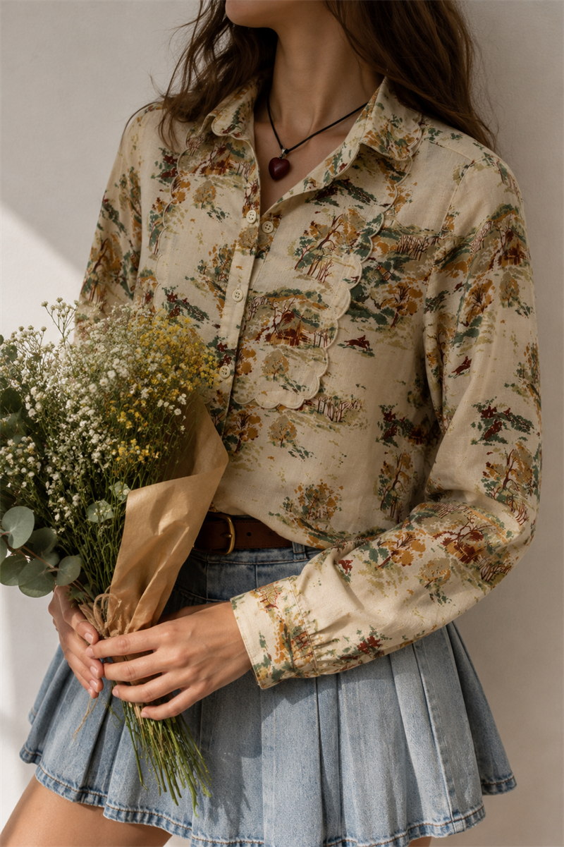 70s Fırfır/Toile de Jouy Tarz Gömlek