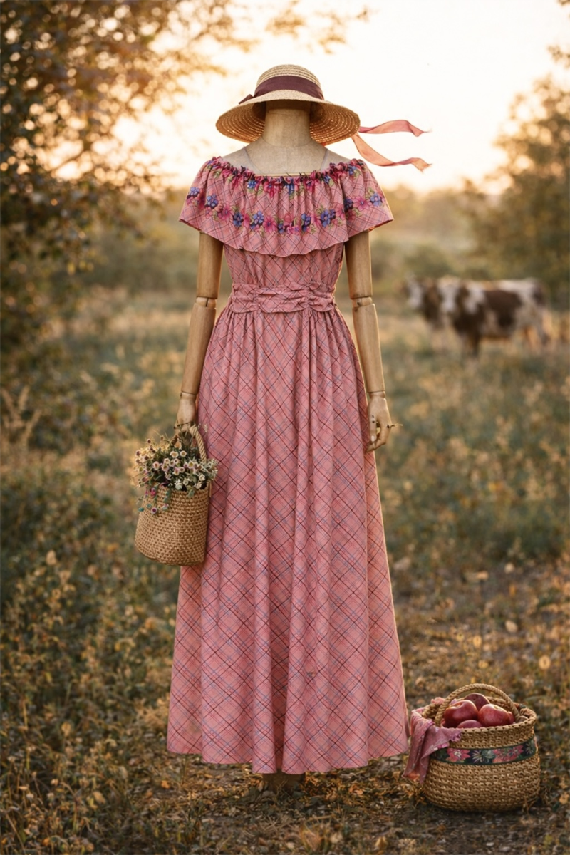 70s Romantic Ruffle Neck Flower Elbise