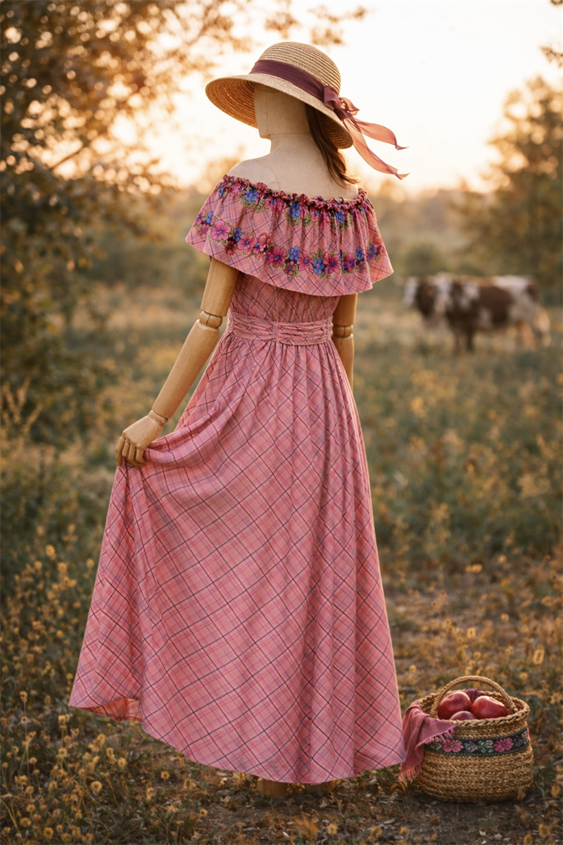 70s Romantic Ruffle Neck Flower Elbise