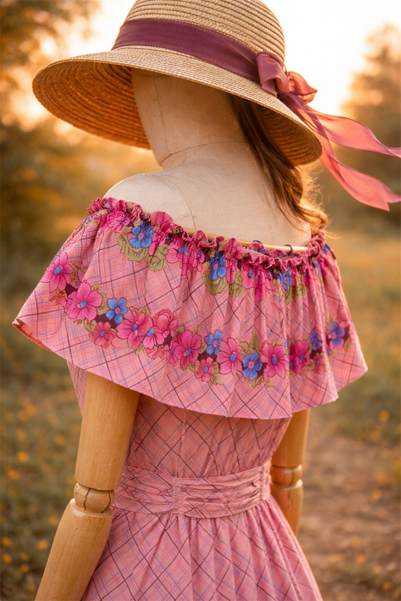 70s Romantic Ruffle Neck Flower Elbise