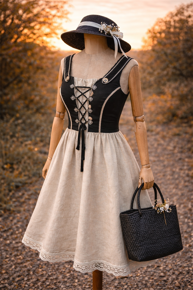 80s Alpine Bağcıklı Keten Velvet Elbise