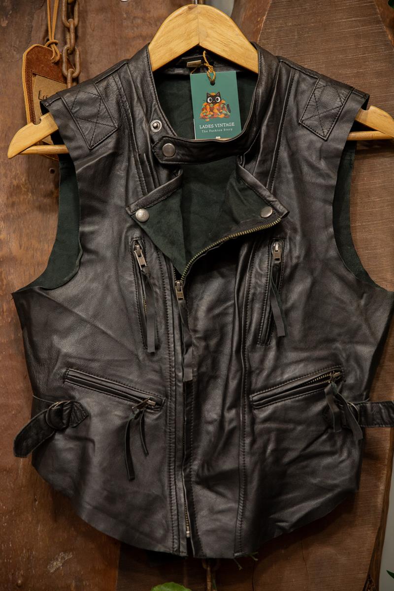 80s Biker Vest Black Deri Yelek