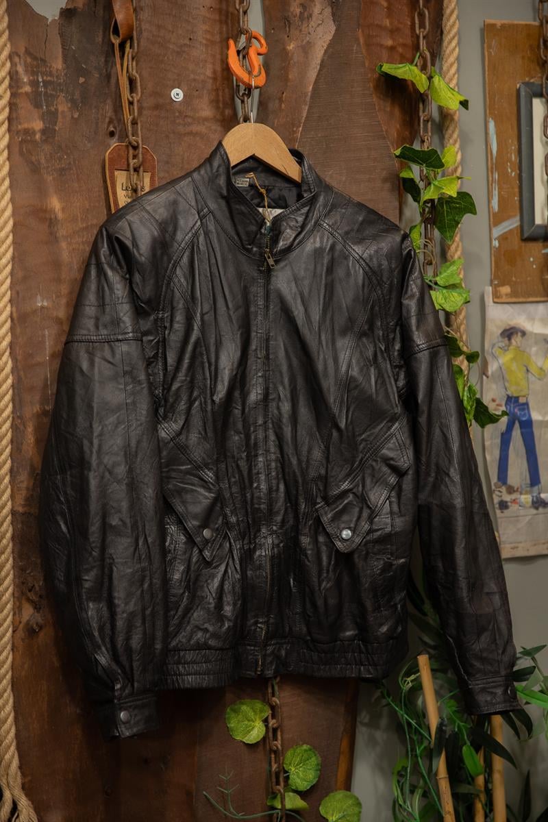 80s Black Oversize Bomber Deri Ceket