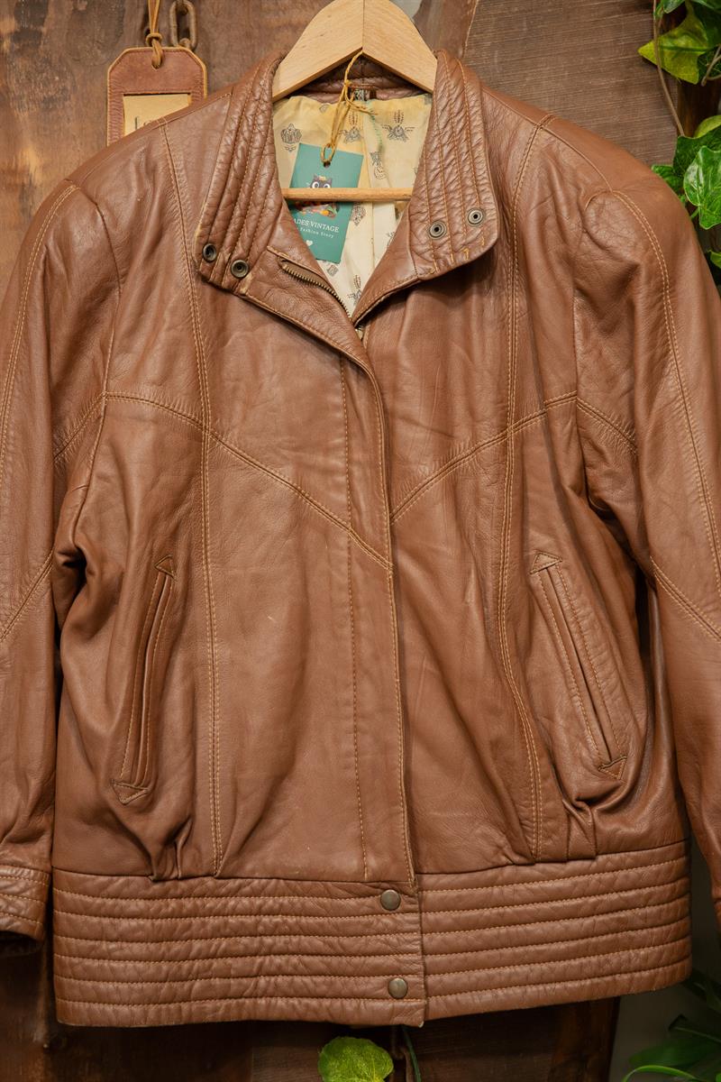 80s Brown Classic Bomber Deri Ceket