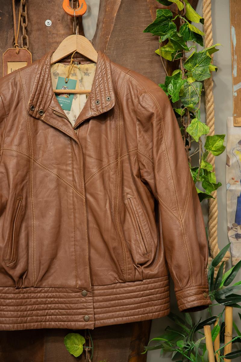 80s Brown Classic Bomber Deri Ceket