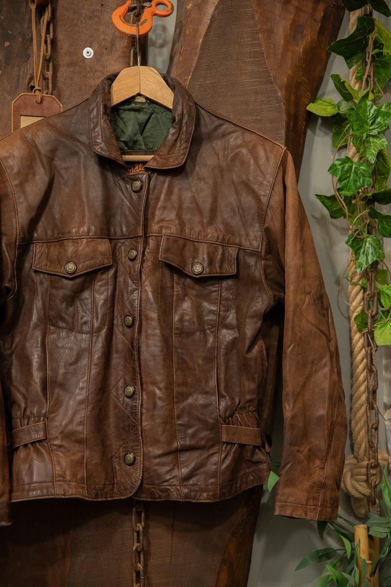 80s Eskitme Brown Biker Deri Ceket