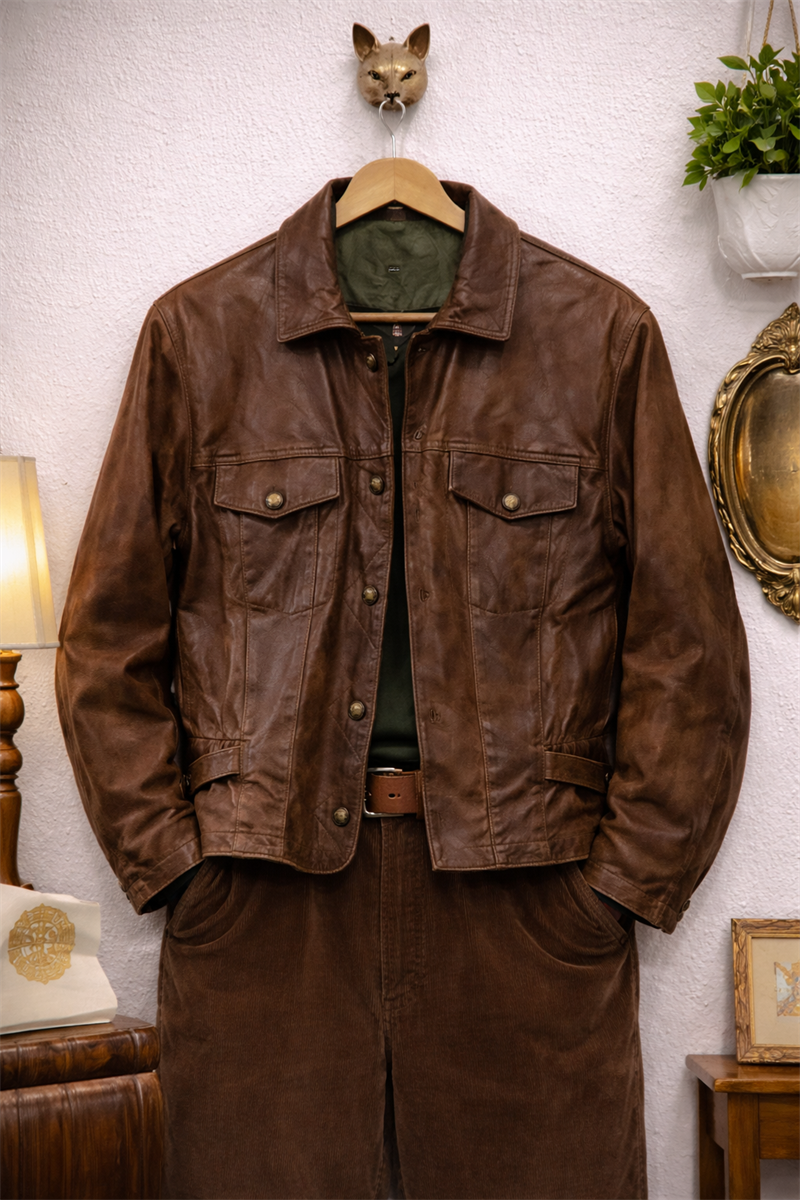 80s Eskitme Brown Biker Deri Ceket