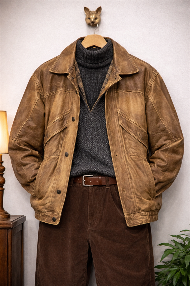 80s Eskitme Taba Bomber Deri Ceket