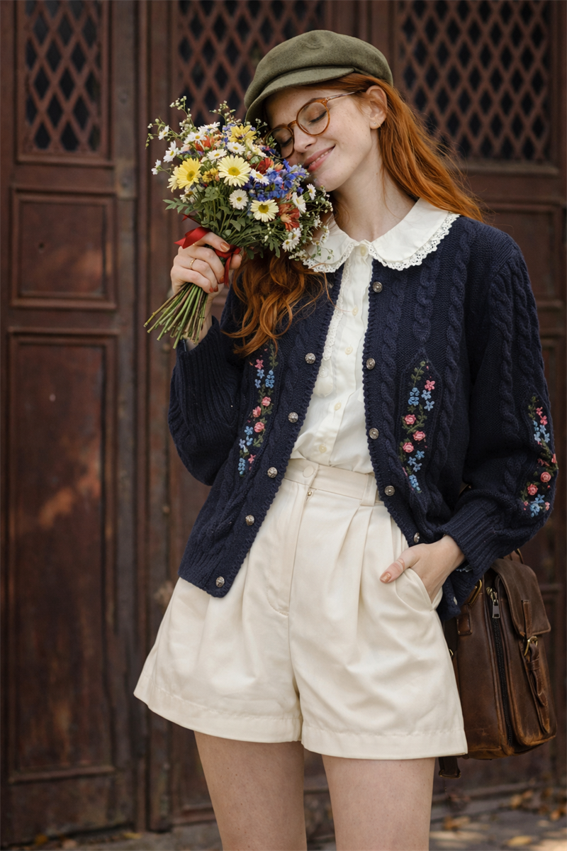 80s Hand-Kinitted Navy Örme Hırka