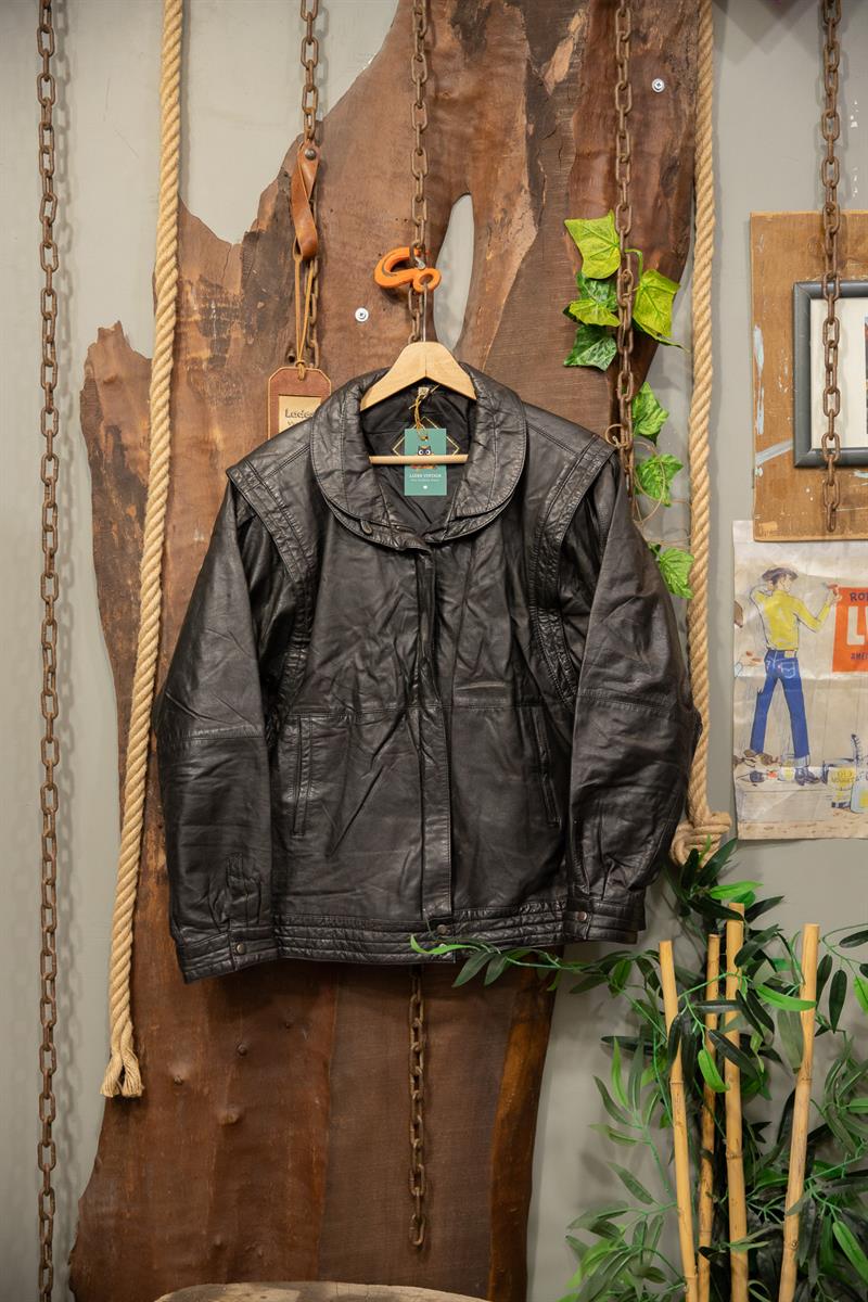80s Oversize Bomber Balon Kol Deri Ceket