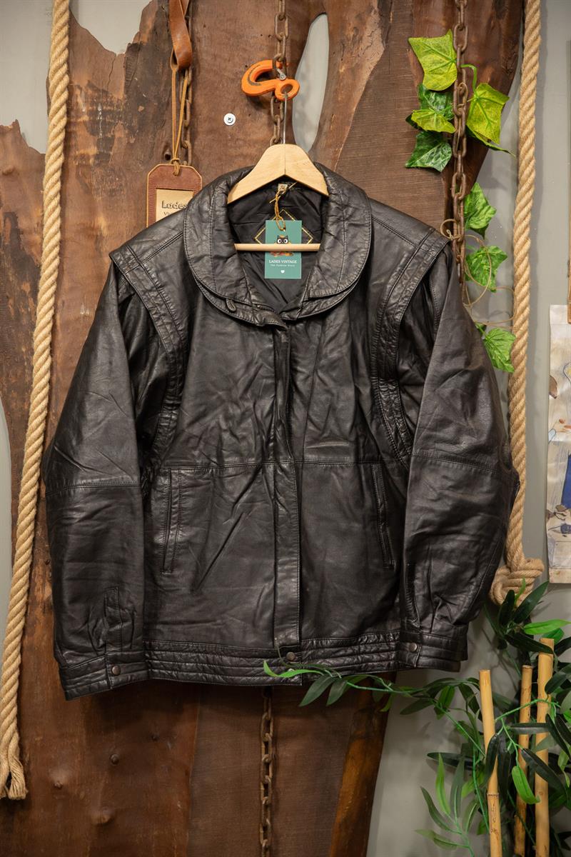 80s Oversize Bomber Balon Kol Deri Ceket