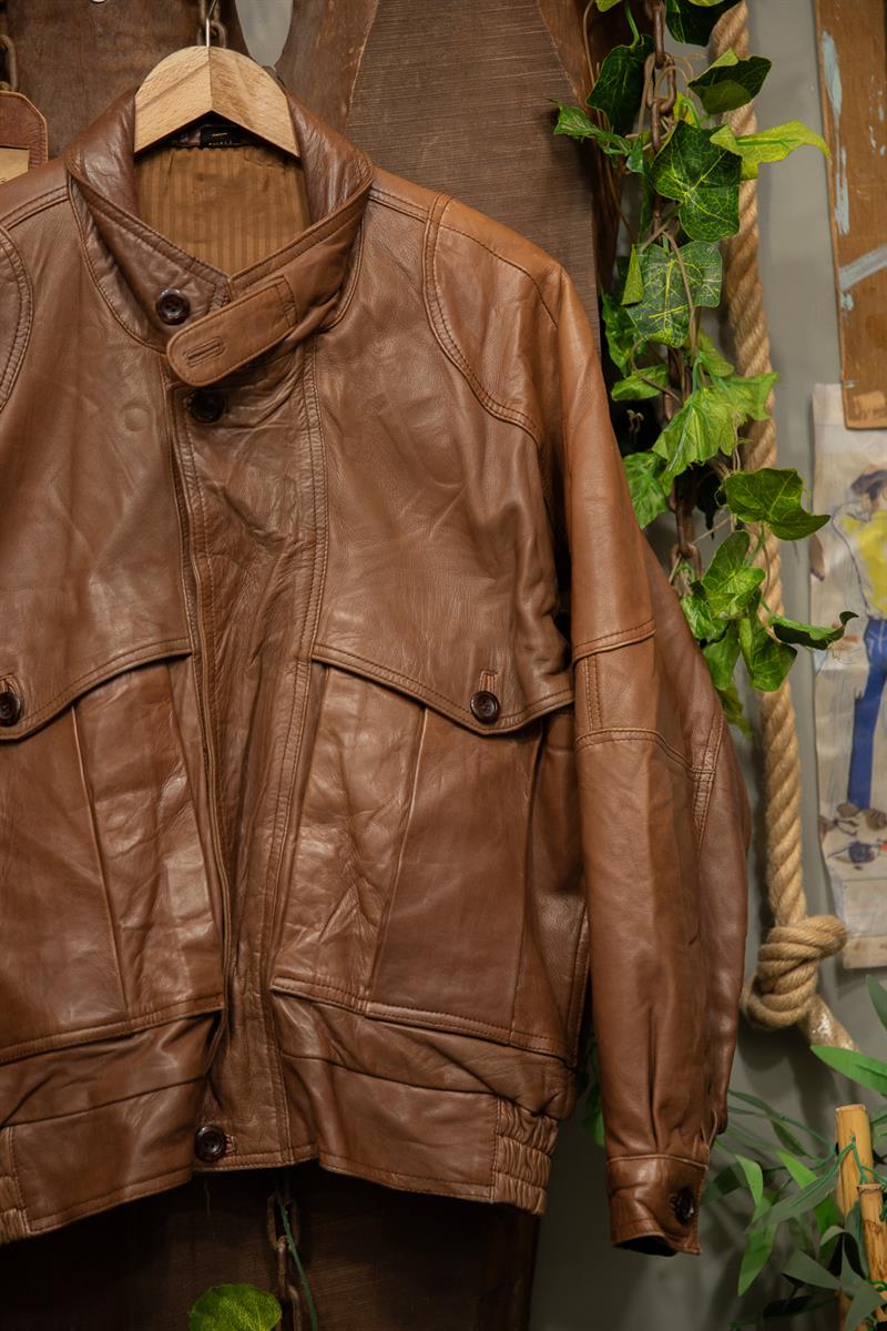 80s Oversize Brown Bomber Deri Ceket
