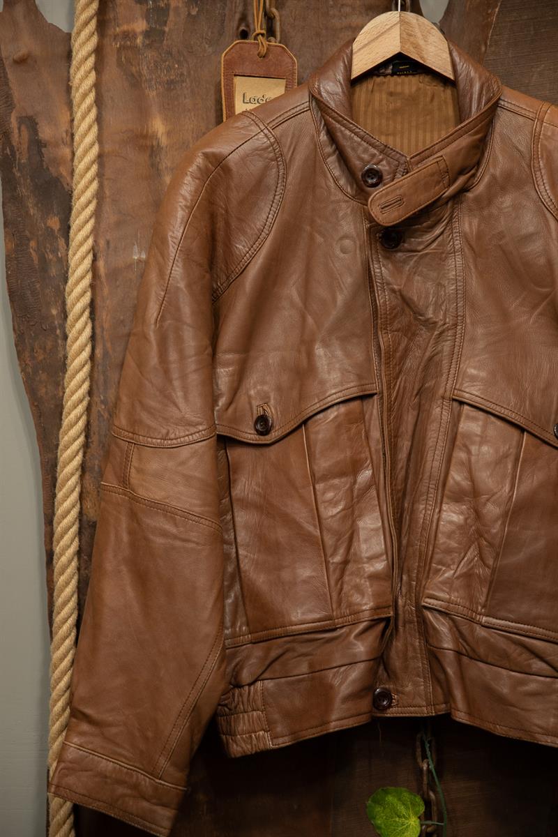 80s Oversize Brown Bomber Deri Ceket