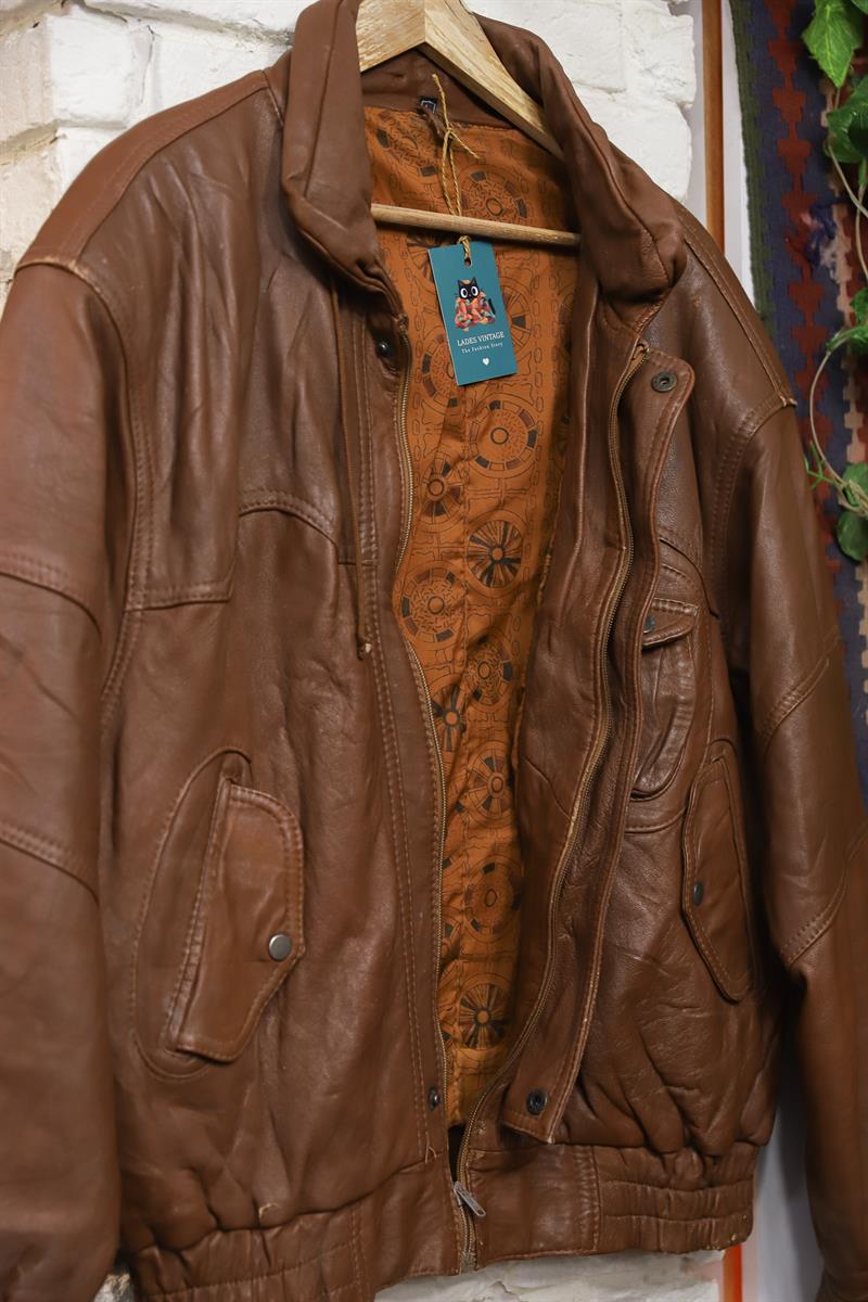 80s Oversize Classic Brown Deri Ceket
