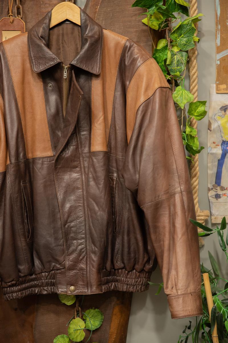 80s Two-Tone Brown Bomber Deri Ceket