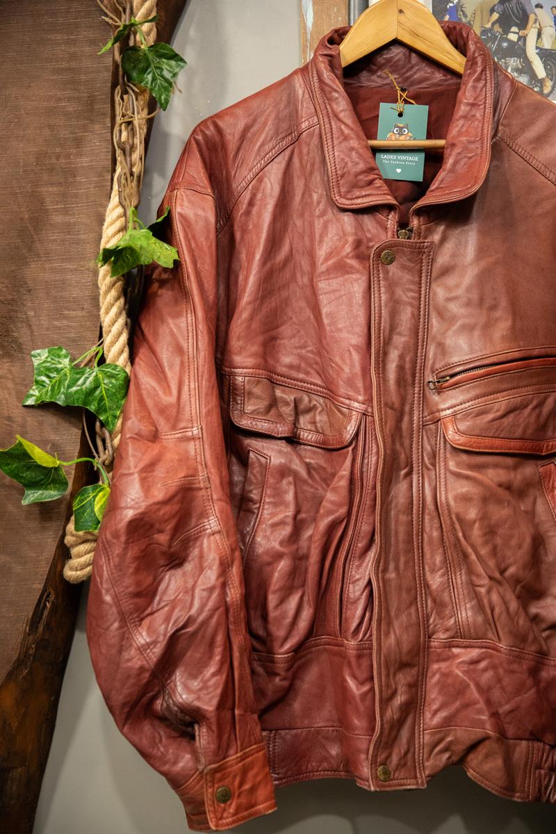 80s Wine Red Bomber Deri Ceket