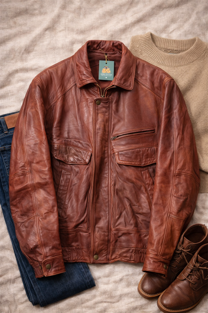 80s Wine Red Bomber Deri Ceket