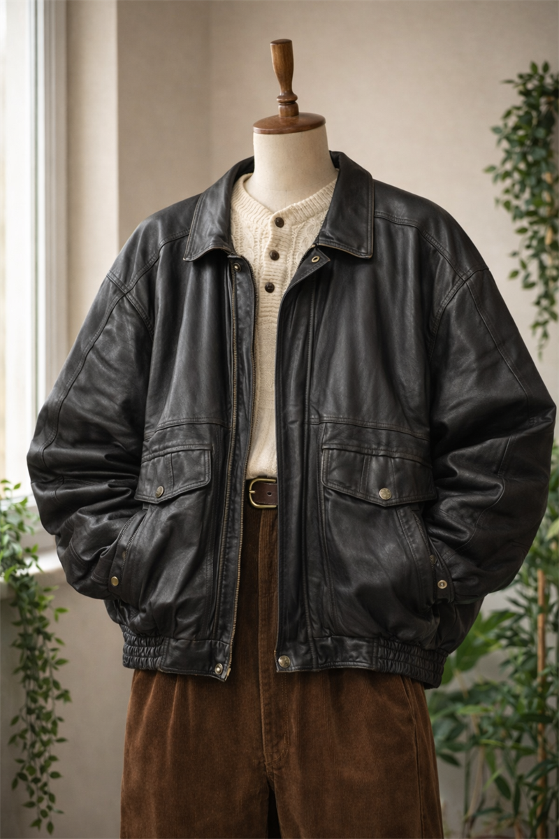 80s/90s Classic Black Bomber Deri Ceket