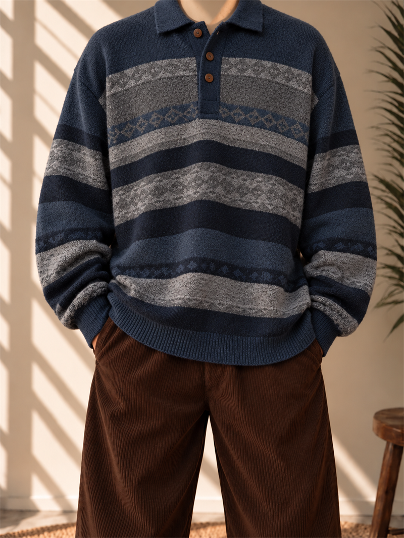 80s/90s Etnik Motifli Polo Yaka Kazak