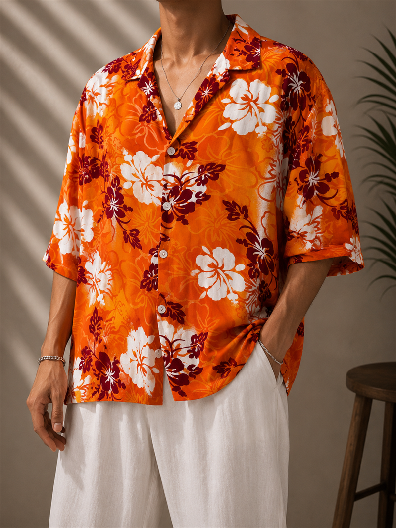 80s/90s Küba Yaka Hibiscus Gömlek