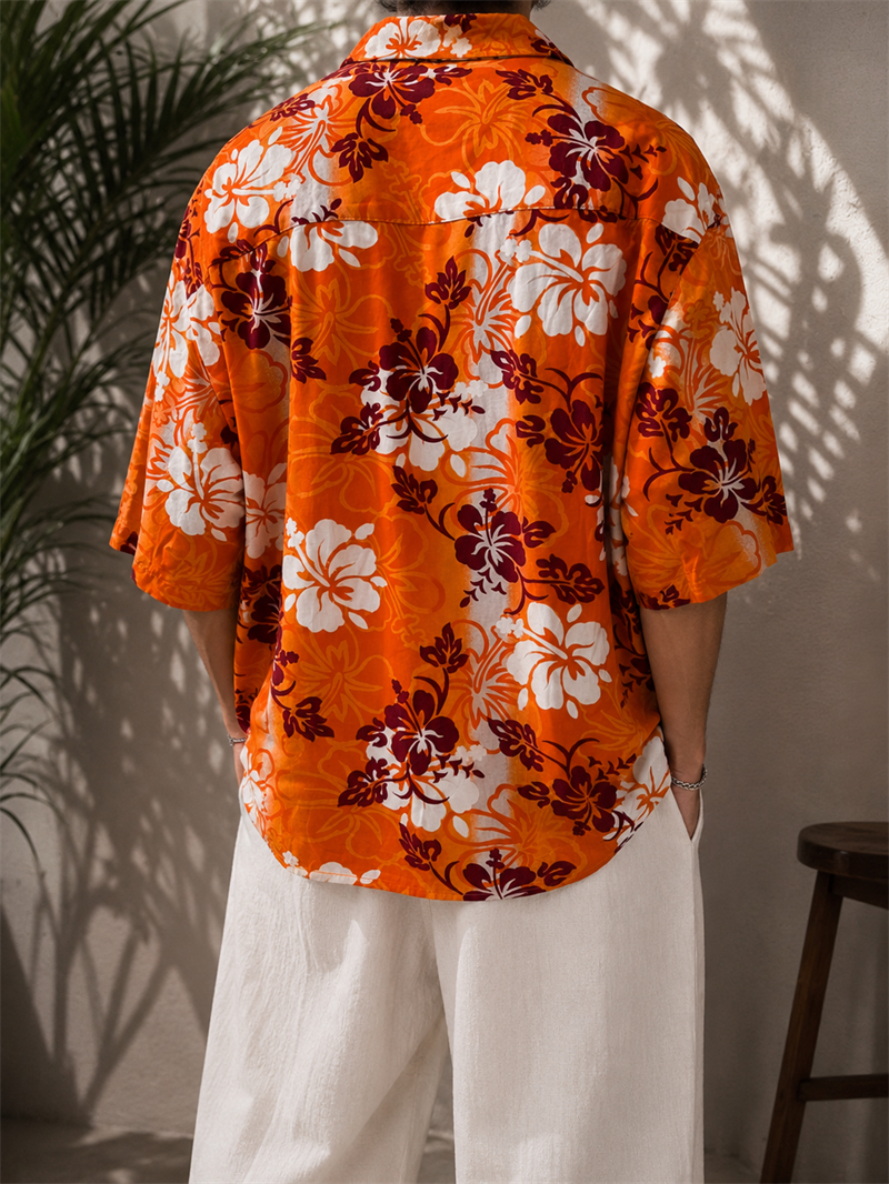 80s/90s Küba Yaka Hibiscus Gömlek