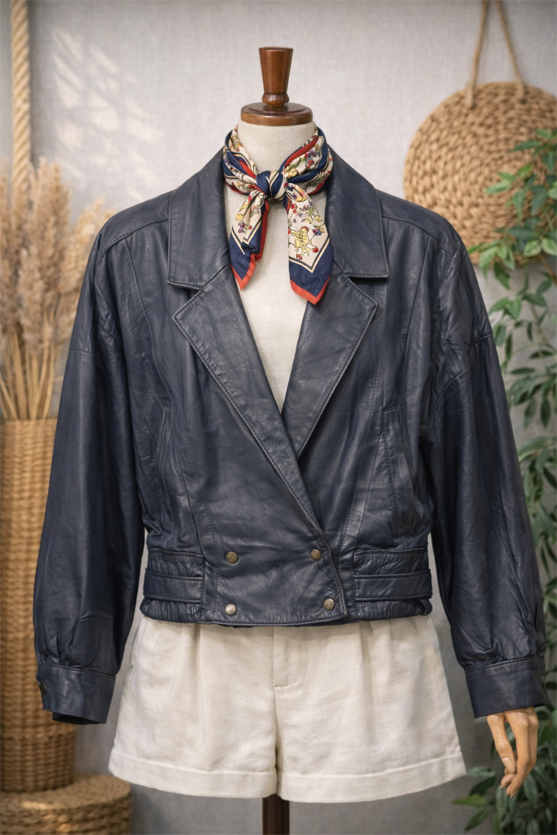 80s/90s Navy Blue Bomber Deri Ceket