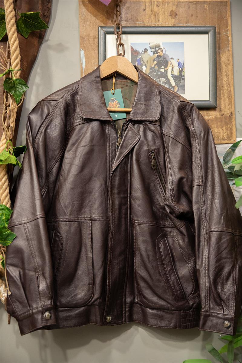 90s Acı Kahve Oversize Bomber Deri Ceket